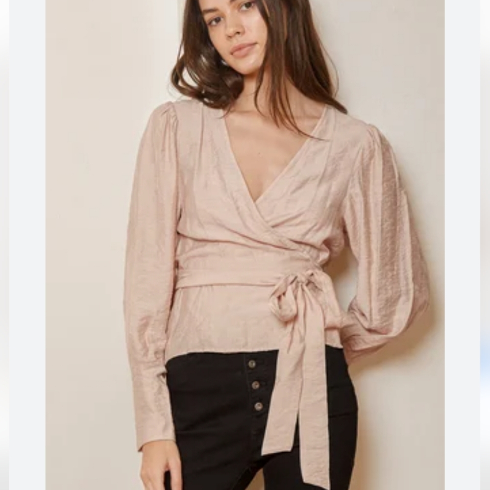 Lulus Staying Sweet Pale Pink Long Sleeve V Neck Wrap Blouse